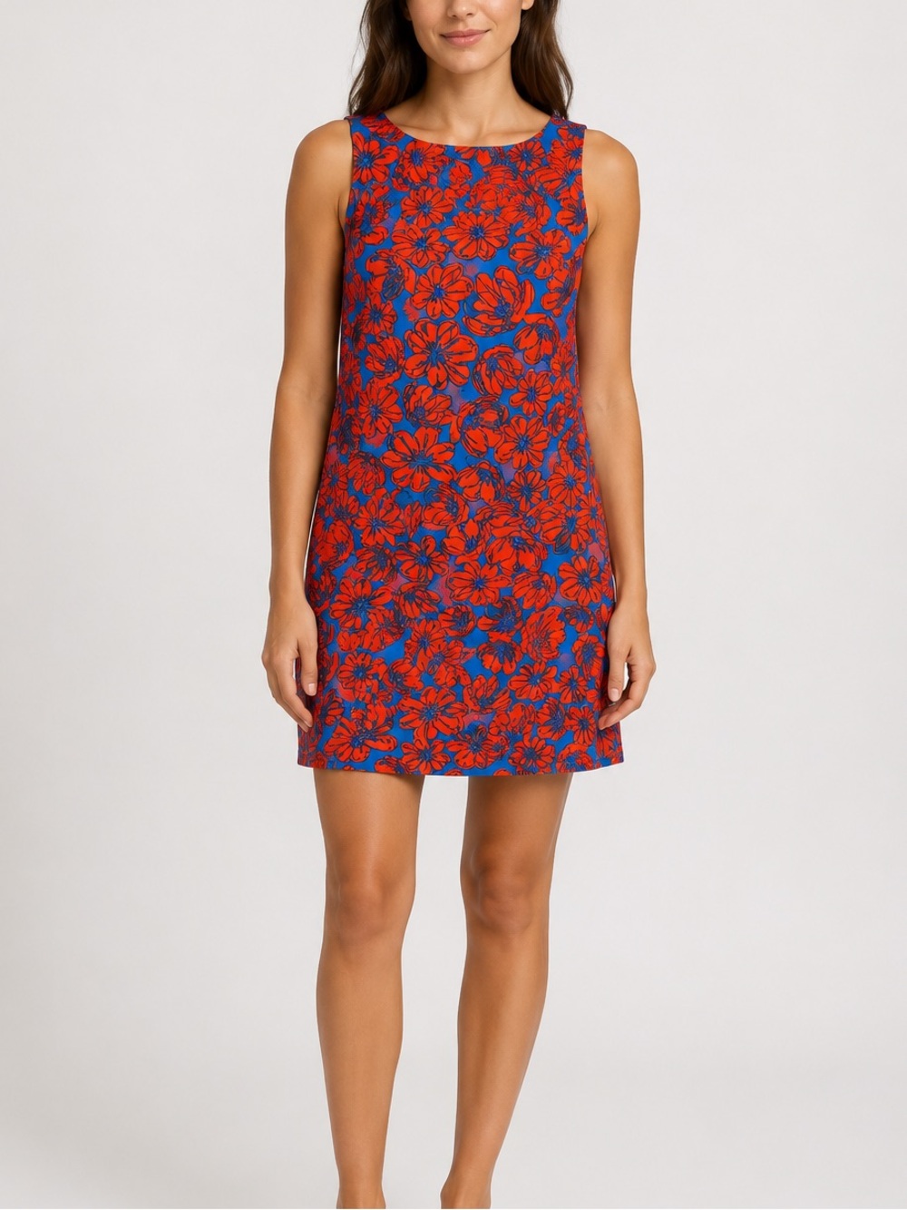 Aryeh Blue Red Floral Sleeveless Stretch Shift Mini Dress Size L